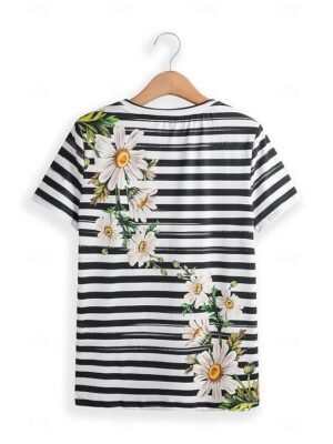 Casual Regular Fit Daisy Floral Stripe Print Round Neck Short Sleeve Summer Top - Image 5