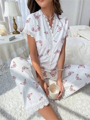 Casual Regular Fit Floral Butterfly V Neck Short Sleeve Pajama Set - Image 2