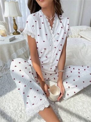 Casual Regular Fit Floral Butterfly V Neck Short Sleeve Pajama Set - Image 3