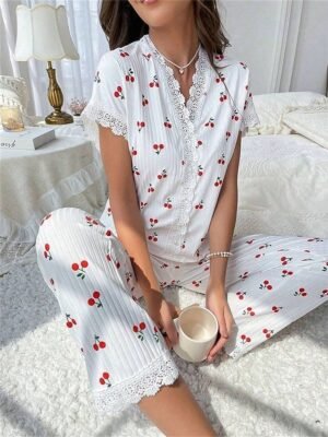 Casual Regular Fit Floral Butterfly V Neck Short Sleeve Pajama Set - Image 4