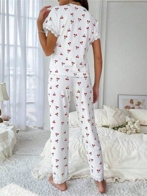 Casual Regular Fit Floral Butterfly V Neck Short Sleeve Pajama Set - Image 7