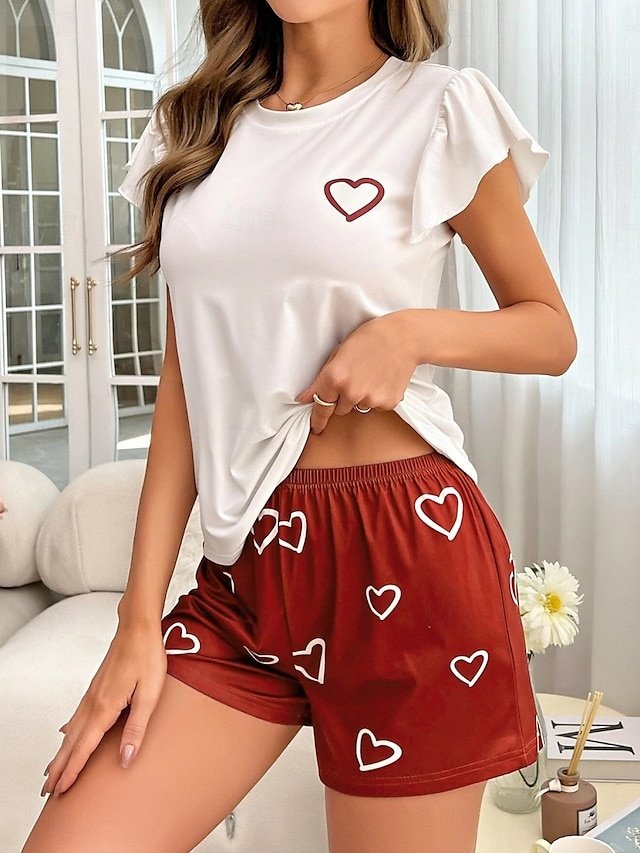 Casual Regular Fit Heart Crew Neck Short Sleeve Pajama Set - Image 1
