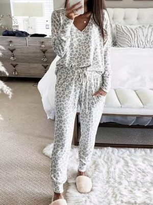 Casual Regular Fit Leopard V Neck Long Sleeve Pajama Set - Image 1
