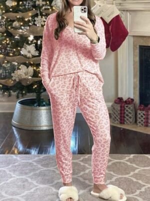 Casual Regular Fit Leopard V Neck Long Sleeve Pajama Set - Image 10