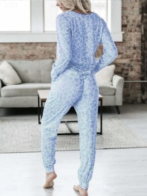 Casual Regular Fit Leopard V Neck Long Sleeve Pajama Set - Image 14