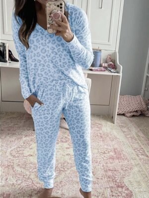 Casual Regular Fit Leopard V Neck Long Sleeve Pajama Set - Image 17