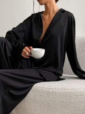 Casual Regular Fit Pure Colour Shirt Collar Long Sleeve Pajama Set - Image 3