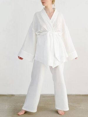 Casual Regular Fit Pure Colour V Neck Long Sleeve Pajama Set - Image 3