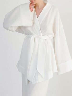 Casual Regular Fit Pure Colour V Neck Long Sleeve Pajama Set - Image 4