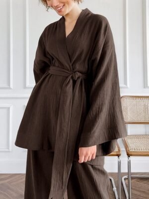 Casual Regular Fit Pure Colour V Neck Long Sleeve Pajama Set - Image 6