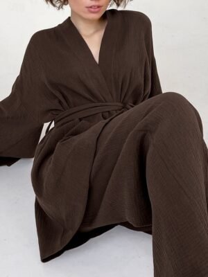 Casual Regular Fit Pure Colour V Neck Long Sleeve Pajama Set - Image 7