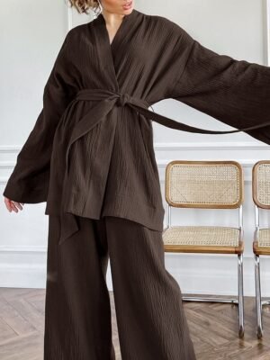 Casual Regular Fit Pure Colour V Neck Long Sleeve Pajama Set - Image 8
