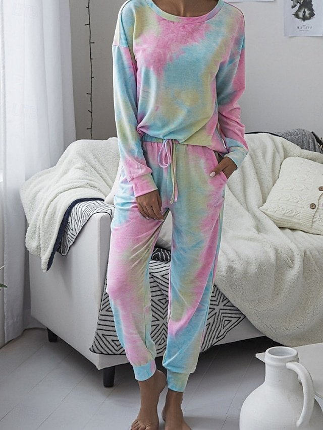Casual Regular Fit Tie Dye Crew Neck Long Sleeve Pajama Set - Image 2