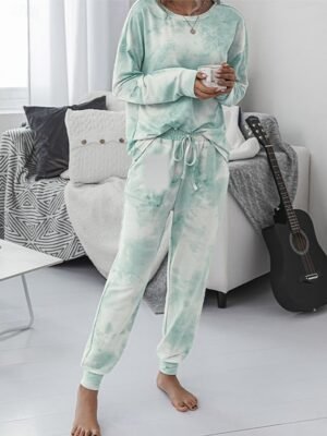 Casual Regular Fit Tie Dye Crew Neck Long Sleeve Pajama Set - Image 3