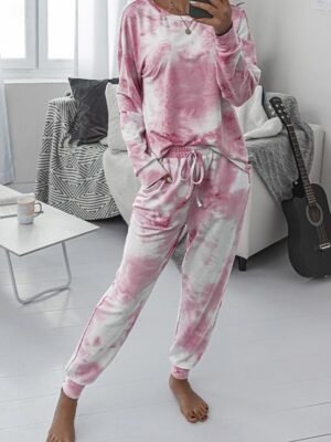 Casual Regular Fit Tie Dye Crew Neck Long Sleeve Pajama Set - Image 5