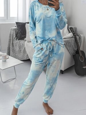 Casual Regular Fit Tie Dye Crew Neck Long Sleeve Pajama Set - Image 7