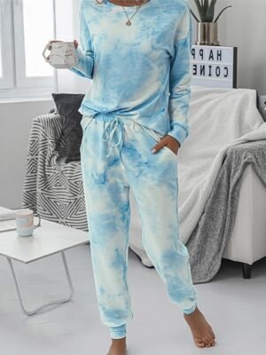 Casual Regular Fit Tie Dye Crew Neck Long Sleeve Pajama Set - Image 8