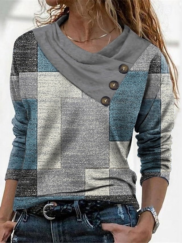 Casual Regular Geometric Pile Neck Long Sleeve Top - Image 1