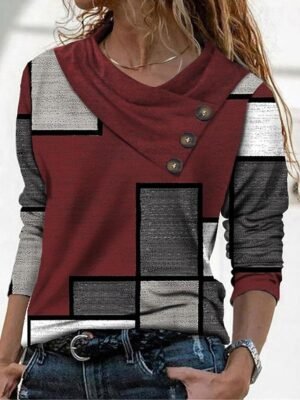 Casual Regular Geometric Pile Neck Long Sleeve Top - Image 4