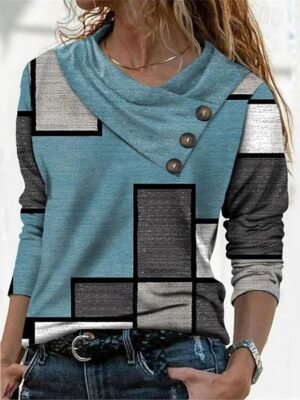Casual Regular Geometric Pile Neck Long Sleeve Top - Image 5
