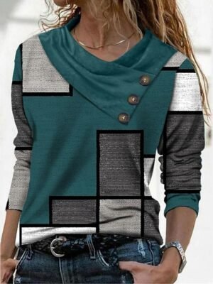 Casual Regular Geometric Pile Neck Long Sleeve Top - Image 7