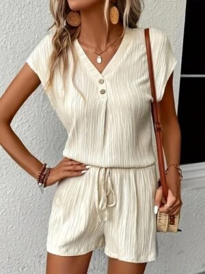 Casual Regular Plain V Neck Short Sleeve Pajama Set - Image 4