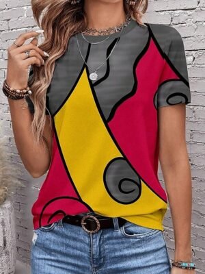 Casual Regular Print Crew Neck Short Sleeve Summer Top - Image 7