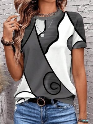 Casual Regular Print Crew Neck Short Sleeve Summer Top - Image 8