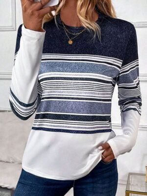 Casual Regular Striped Crew Neck Long Sleeve Top - Image 1