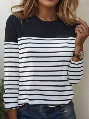 Casual Regular Striped Round Neck Long Sleeve Top - Image 1