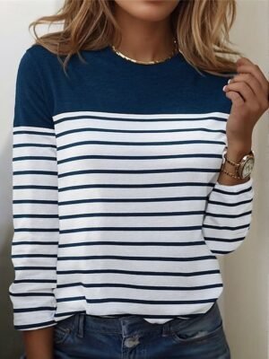 Casual Regular Striped Round Neck Long Sleeve Top - Image 10
