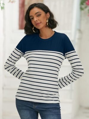 Casual Regular Striped Round Neck Long Sleeve Top - Image 11