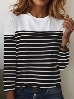 Casual Regular Striped Round Neck Long Sleeve Top - Image 12
