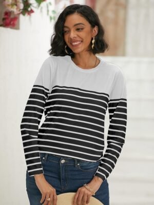 Casual Regular Striped Round Neck Long Sleeve Top - Image 13