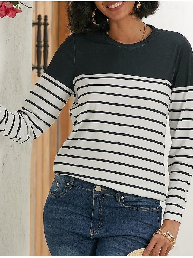 Casual Regular Striped Round Neck Long Sleeve Top - Image 2