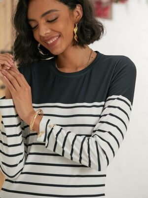 Casual Regular Striped Round Neck Long Sleeve Top - Image 4