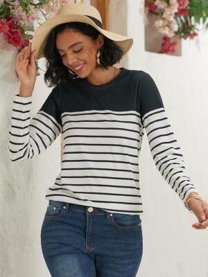 Casual Regular Striped Round Neck Long Sleeve Top - Image 5