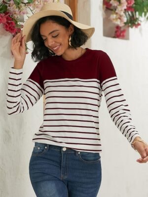 Casual Regular Striped Round Neck Long Sleeve Top - Image 7