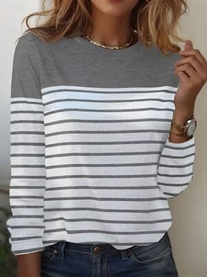 Casual Regular Striped Round Neck Long Sleeve Top - Image 8