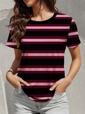 Casual Regular Striped Round Neck Short Sleeve Summer T-Shirt - Image 4