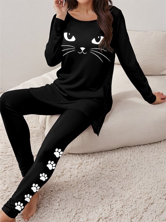 Casual Relaxed Graphic Round Neck Long Sleeve Black Home Set - Image 1