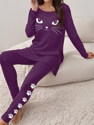 Casual Relaxed Graphic Round Neck Long Sleeve Black Home Set - Image 5