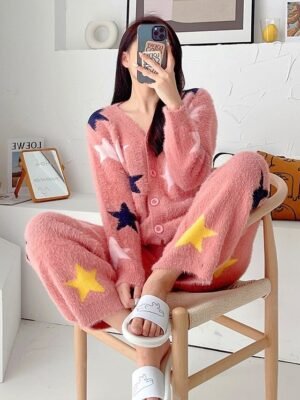 Casual Relaxed Graphic V Neck Long Sleeve Cardigan Pant Loungewear Set - Image 2