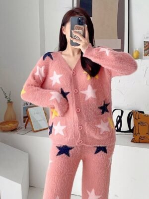 Casual Relaxed Graphic V Neck Long Sleeve Cardigan Pant Loungewear Set - Image 3