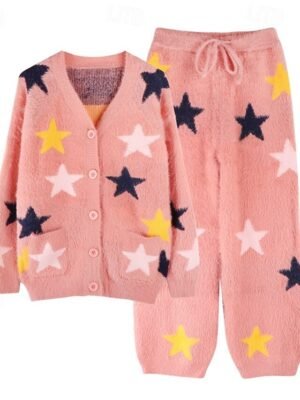 Casual Relaxed Graphic V Neck Long Sleeve Cardigan Pant Loungewear Set - Image 4