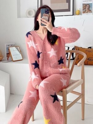 Casual Relaxed Graphic V Neck Long Sleeve Cardigan Pant Loungewear Set - Image 5