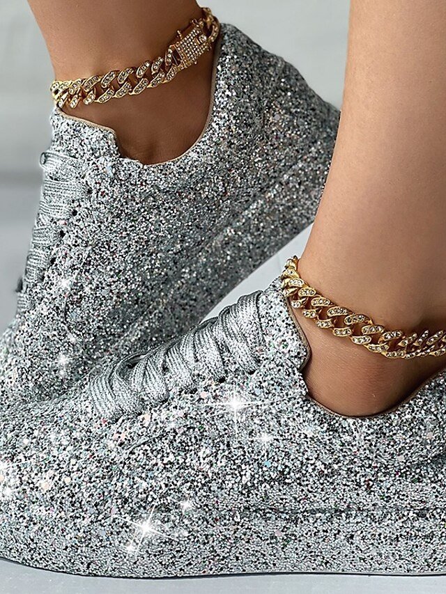 Casual Silver Glitter Lace-Up Platform Sneakers - Image 1
