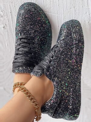 Casual Silver Glitter Lace-Up Platform Sneakers - Image 10
