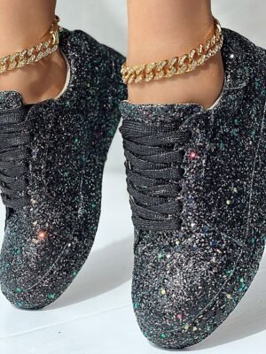 Casual Silver Glitter Lace-Up Platform Sneakers - Image 11