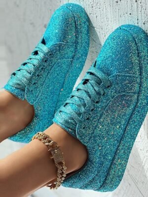 Casual Silver Glitter Lace-Up Platform Sneakers - Image 12